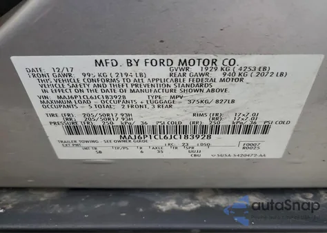 2018 Ford Ecosport Ses z USA, uszkodzony, nr VIN MAJ6P1CL6JC183928